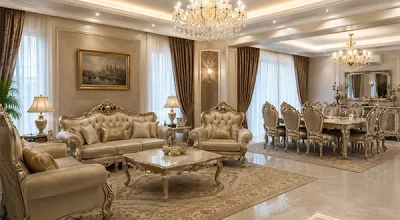 چیدمان مبل سلطنتی با میز ناهارخوری